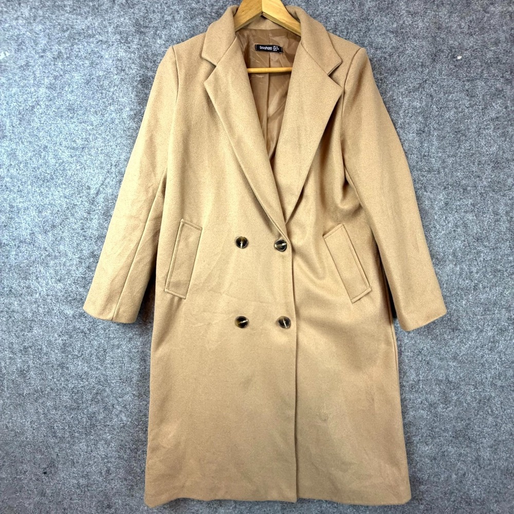Boohoo Over Coat Womens 6 Camel Double Breasted Classic Workwear Business Chic